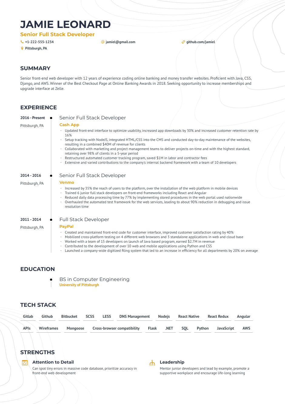 Senior full stack developer resume example