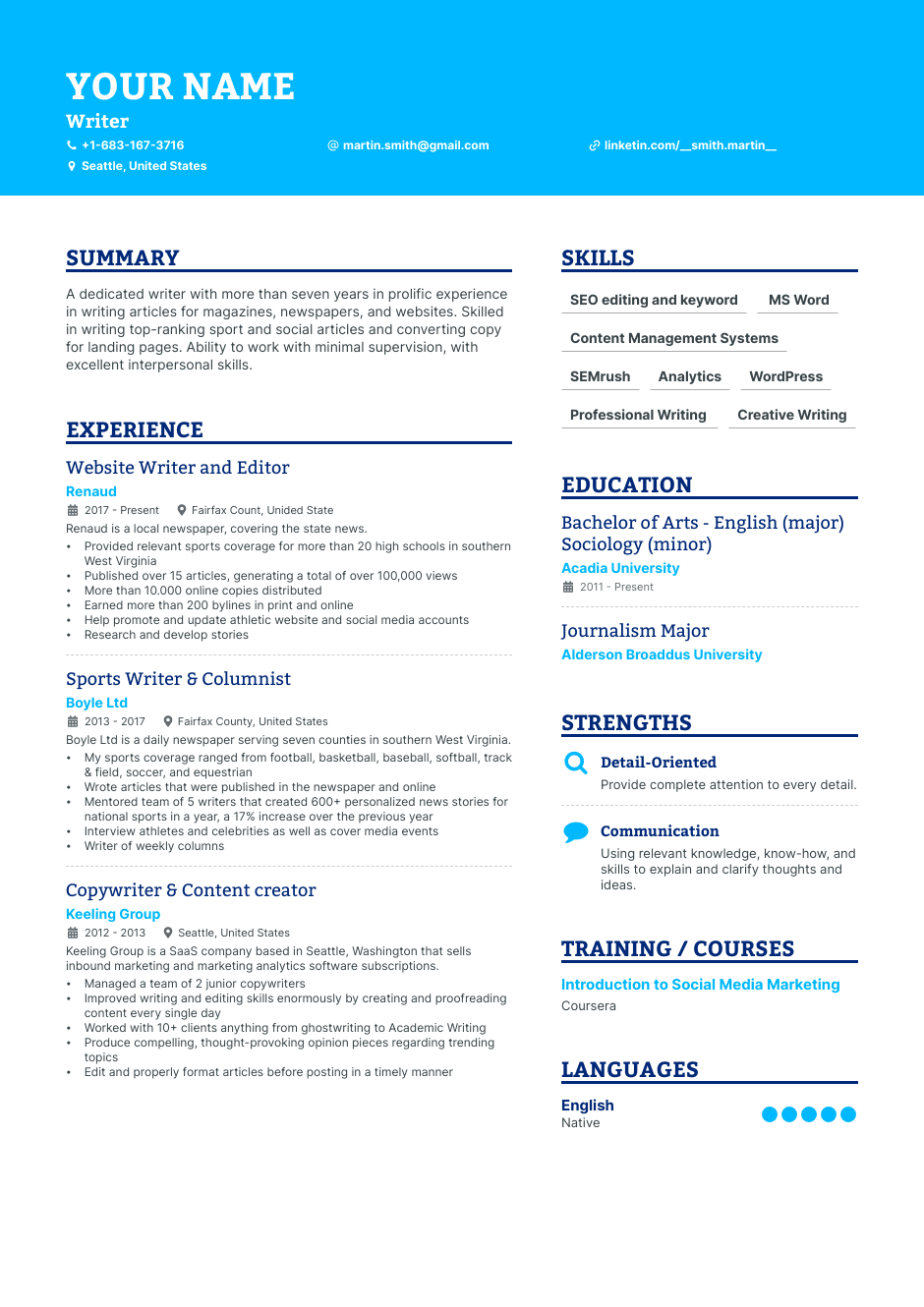 Writer resume example
