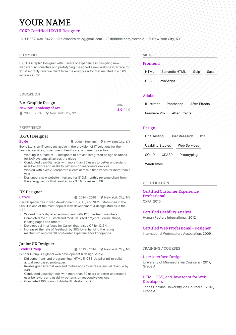 CCXP Certified UX/UI Designer resume example