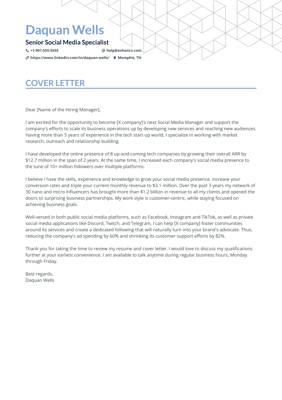 Social media manager cover letter example