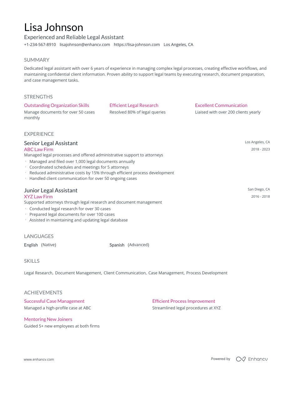 Experienced and Reliable Legal Assistant resume example