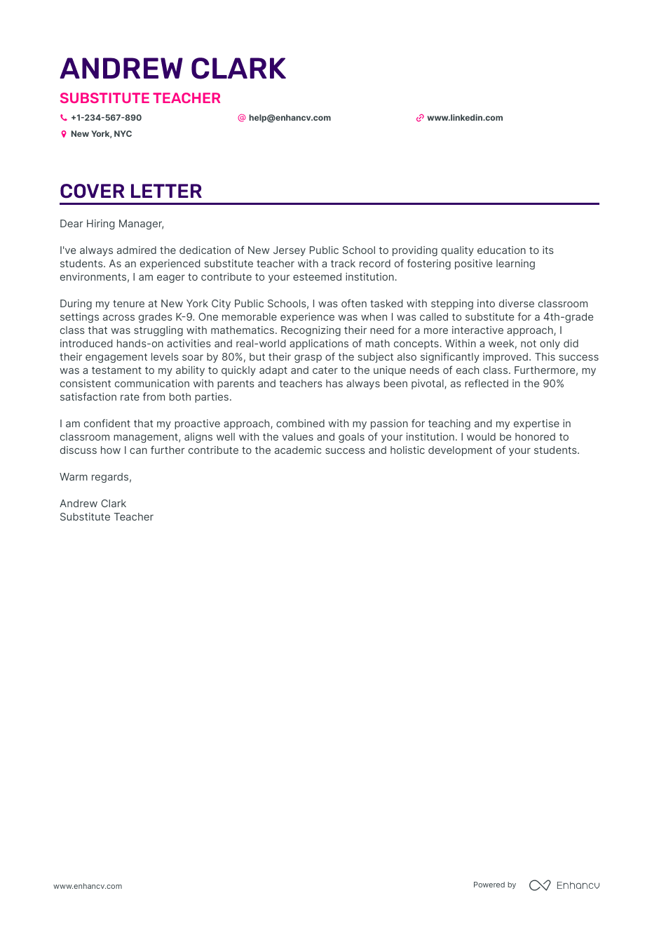 Substitute teacher cover letter example