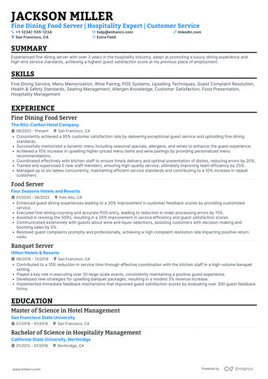 17 Fine Dining Server Resume Examples - March 2025