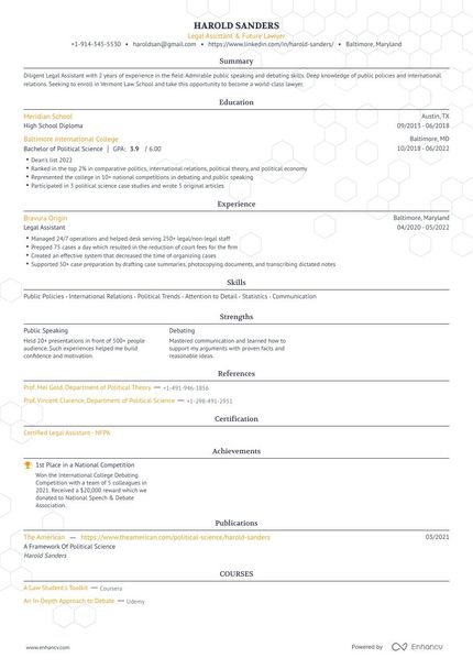 Entry level resume template with a single column outline and a yellow accent color on the headings