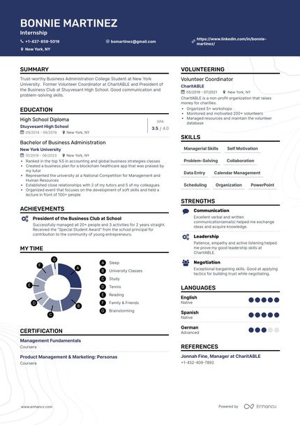 Intern resume template with an accented header and two column outline. Features a creative section to help it stand out