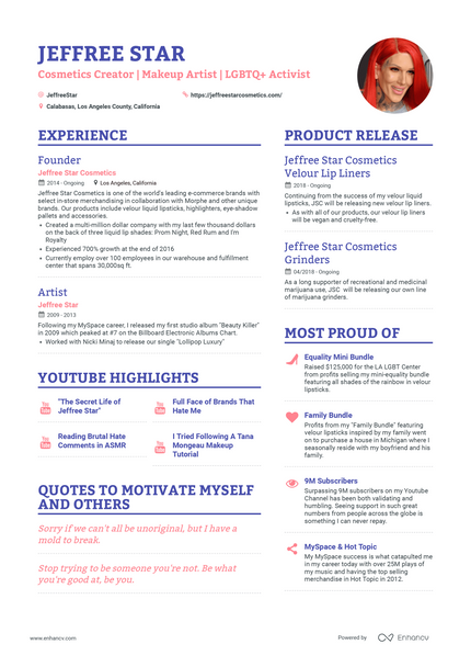 Jeffree Star resume example
