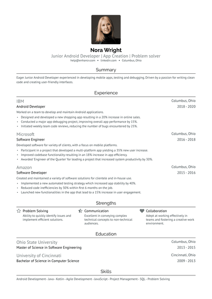 A resume example of a Junior Android Developer