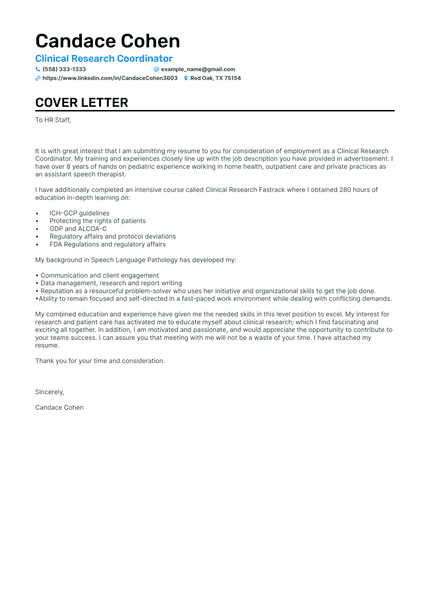 Clinical Research Coordinator cover letter