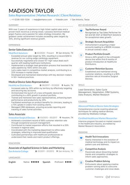 10 Medical Device Sales Representative Resume Examples & Guide for 2026
