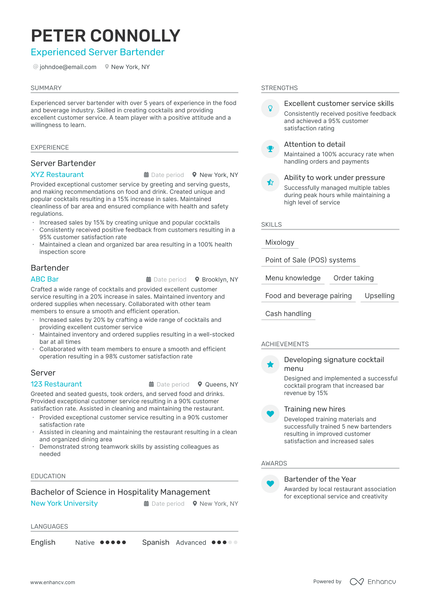 15 Bartender Resume Examples & Guide for 2025