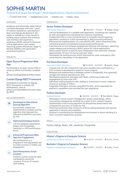 10 Python Full Stack Developer Resume Examples & Guide for 2025