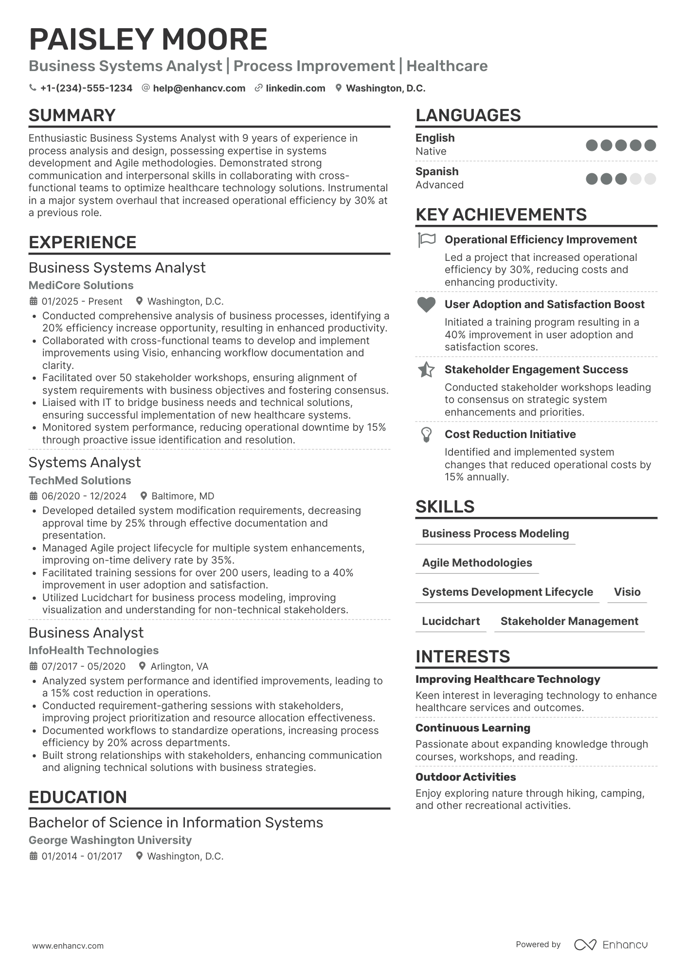 A resume example of a Business Systems Analyst