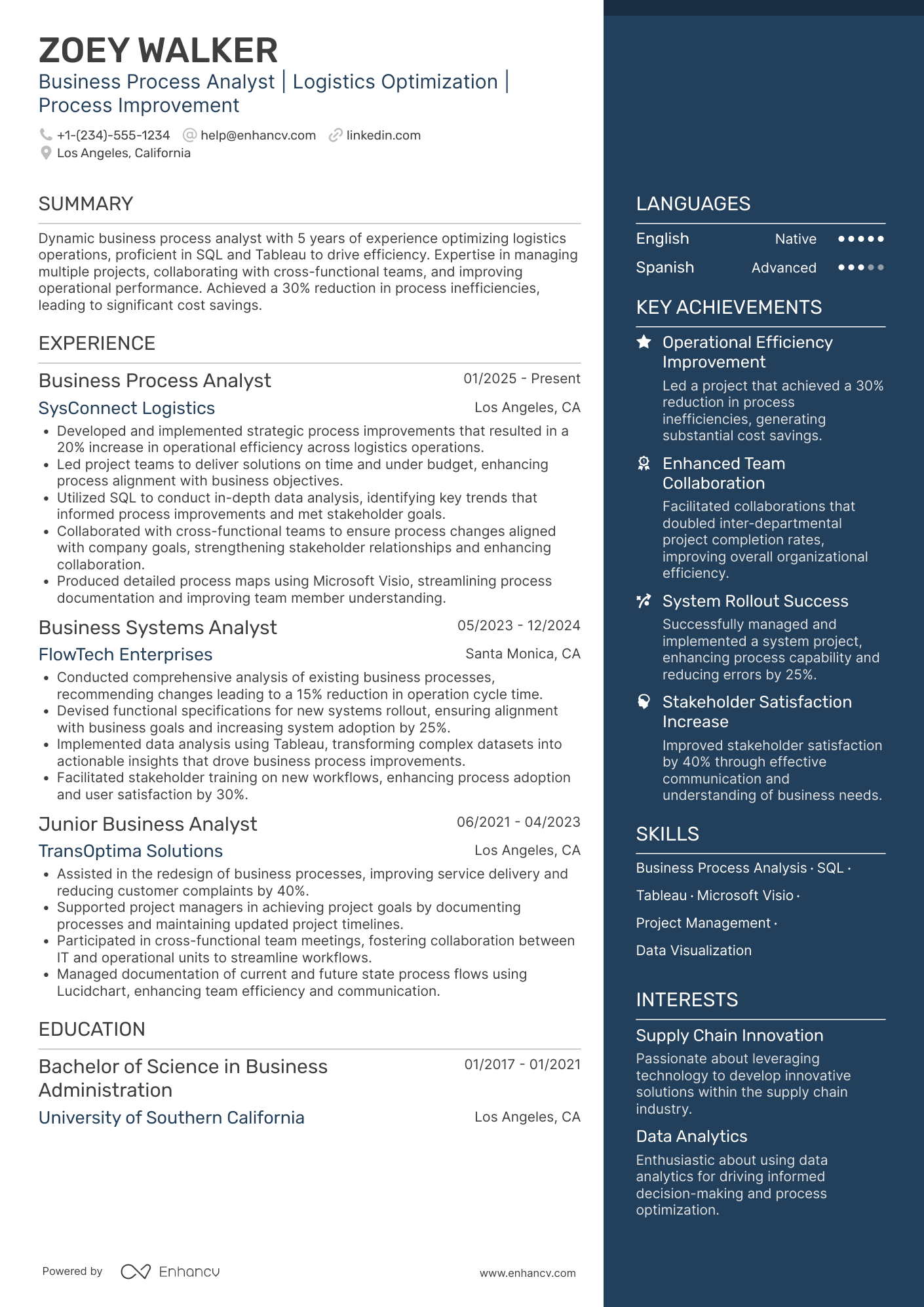 A resume example of a Business Process Analyst