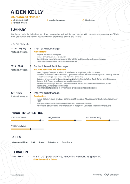 Internal Audit Manager Resume Examples & Guide For 2023 (layout, Skills 