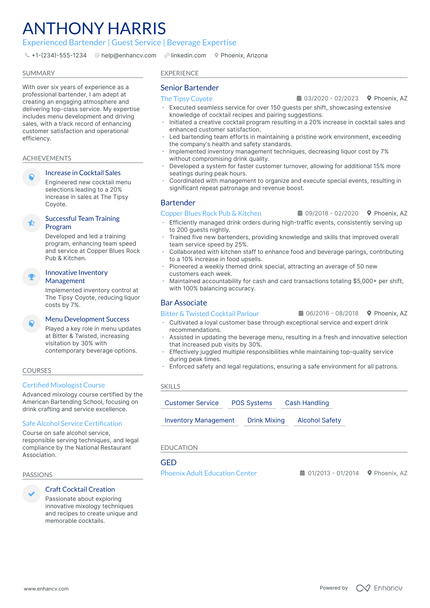 5 High Volume Bartender Resume Examples & Guide for 2024