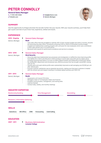 General Sales Manager Resume Examples & Guide for 2023 (Layout, Skills ...