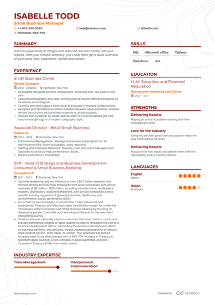 Small Business Manager Resume Examples & Guide For 2023 (layout, Skills 