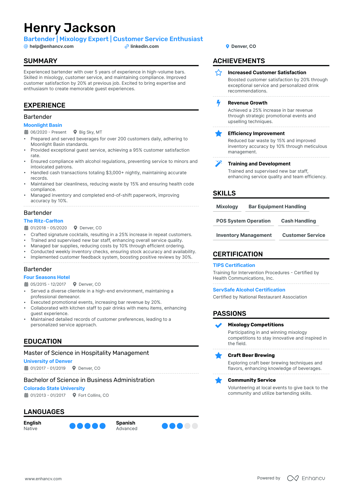 Bartender resume example