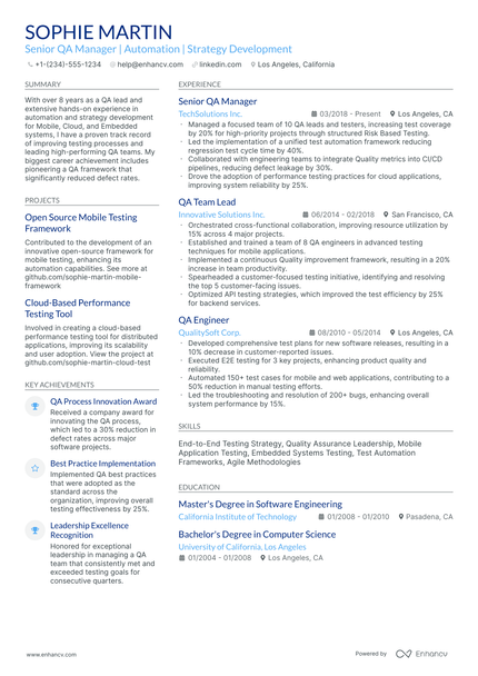 10 Software QA Manager Resume Examples & Guide for 2026