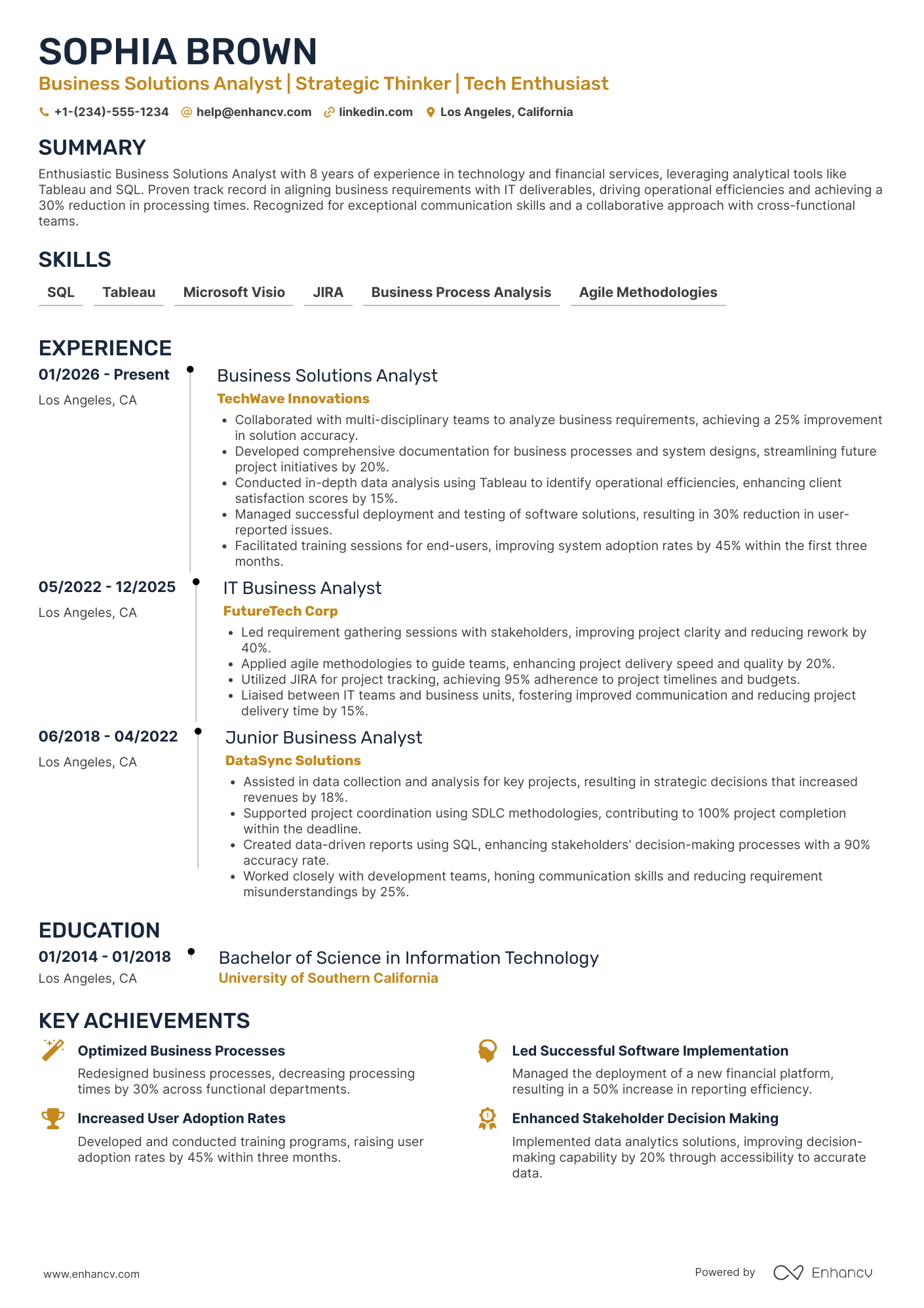 A resume example of a Business Solutions Analyst