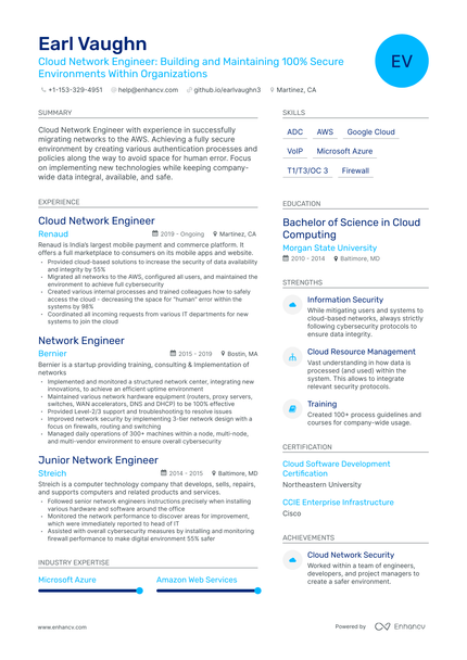 5 Cloud Network Engineer Resume Examples & Guide for 2024