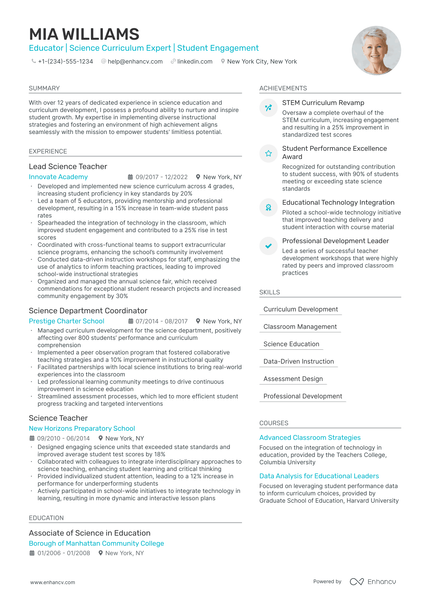 5 Science Teacher Resume Examples & Guide for 2024