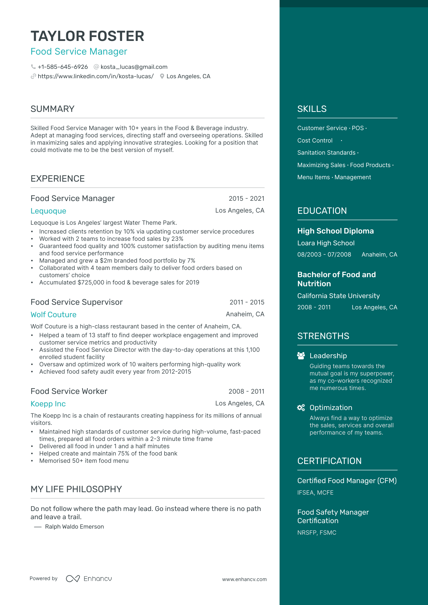 Food Service resume example