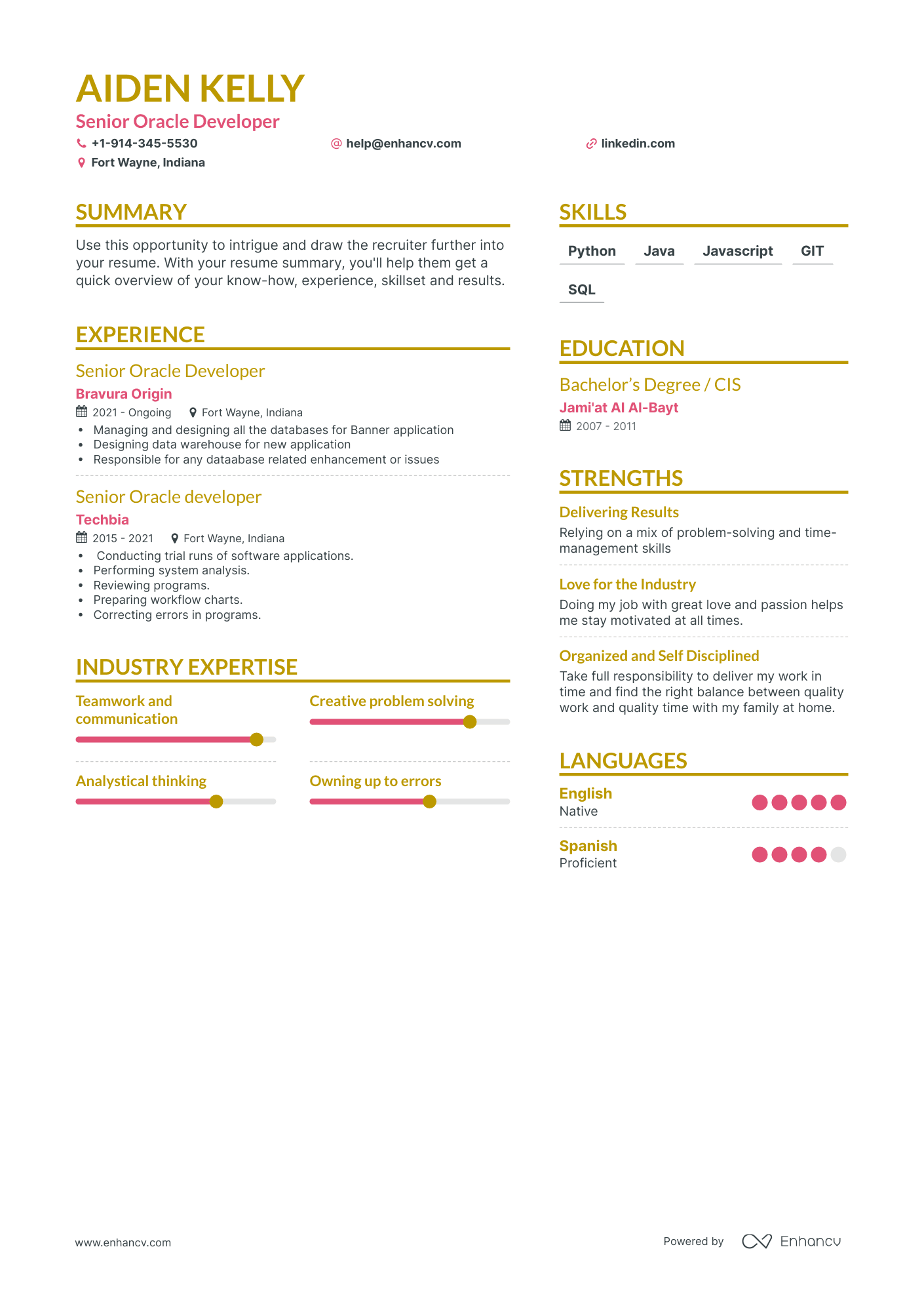 oracle sample resume for 3 years experience