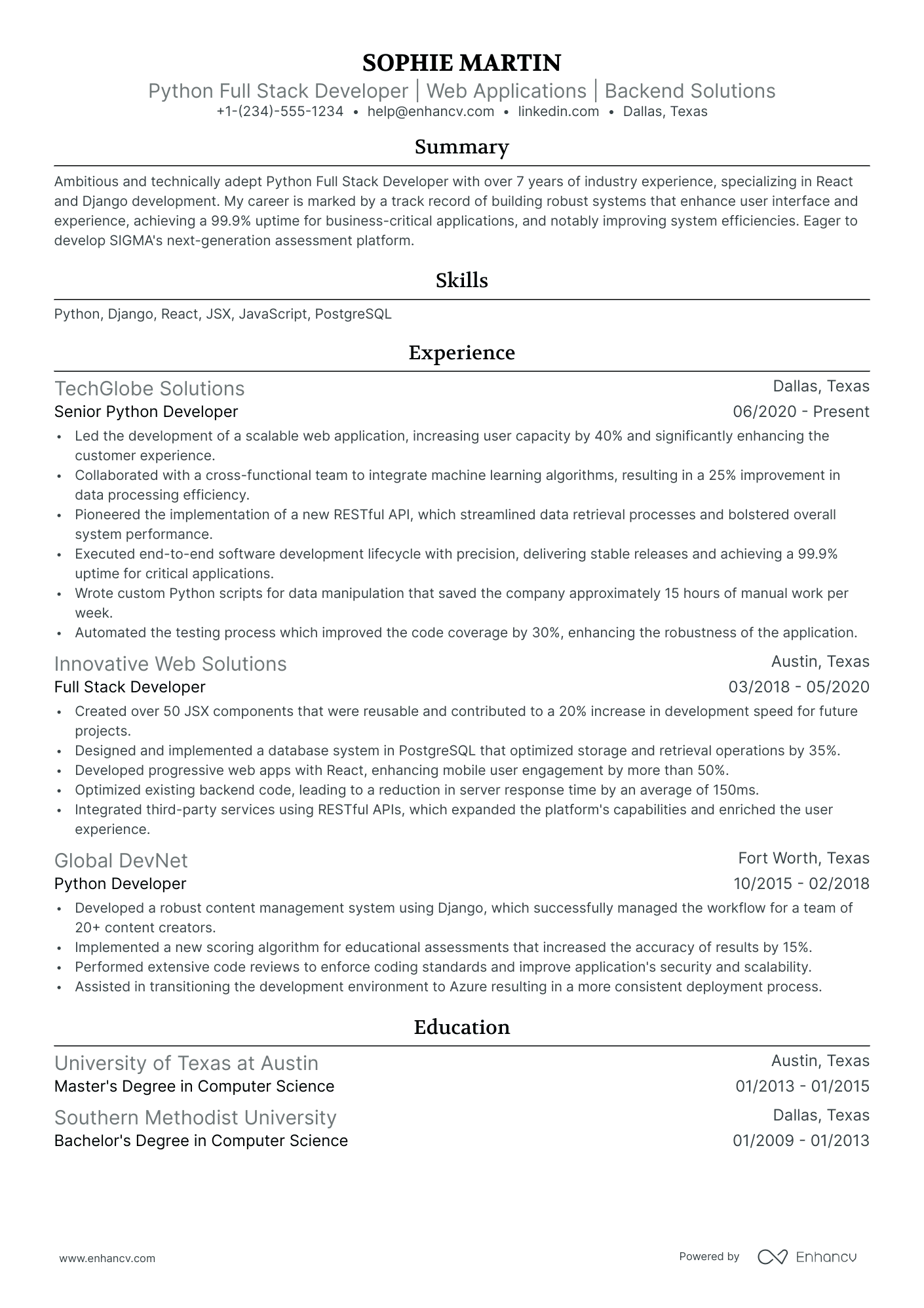 10 Python Full Stack Developer Resume Examples & Guide for 2025