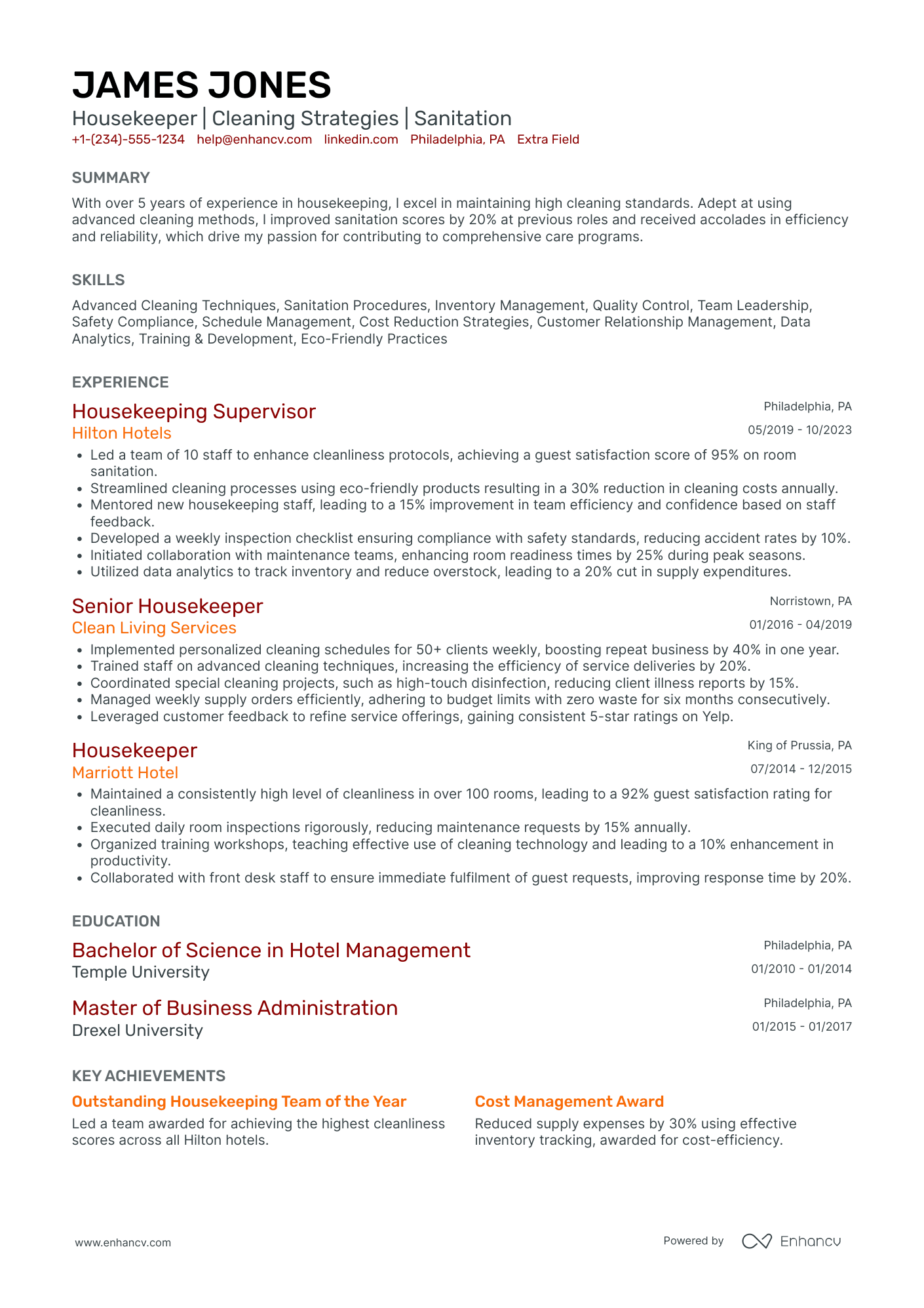 A resume example of a Private Household Housekeeper