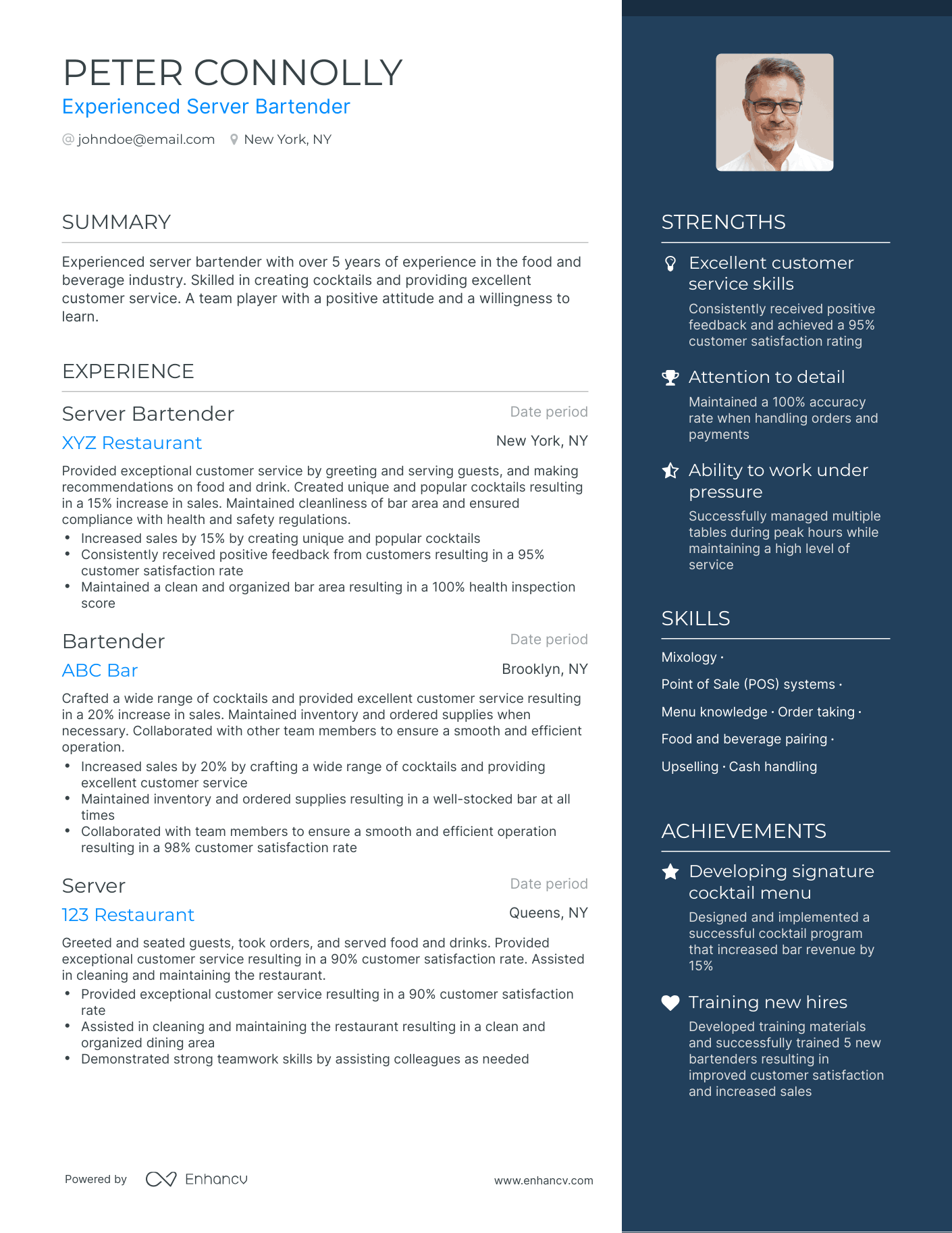 5 Server Bartender Resume Examples & Guide for 2024