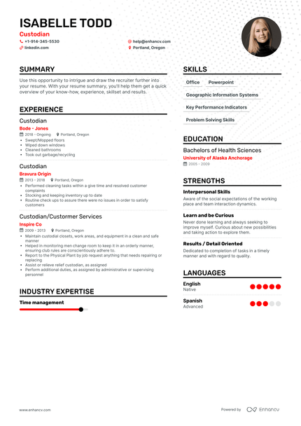 Top Custodian Resume Examples & Samples for 2023 | Enhancv.com (Layout ...