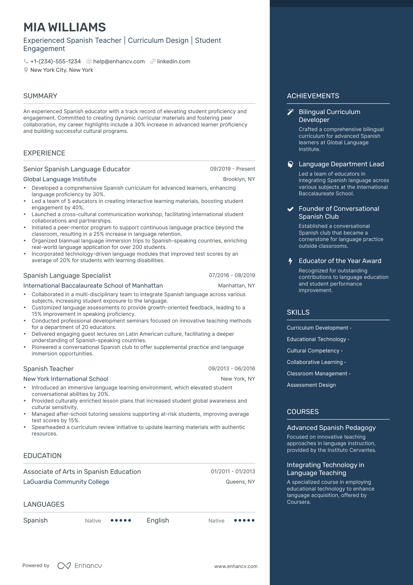 5 Spanish Teacher Resume Examples & Guide for 2024