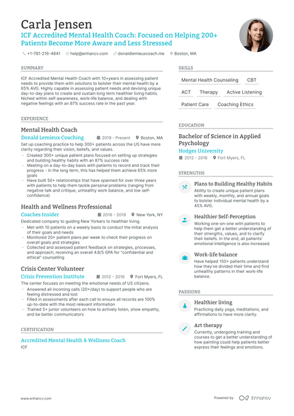 5 Mental Health Coach Resume Examples & Guide for 2024