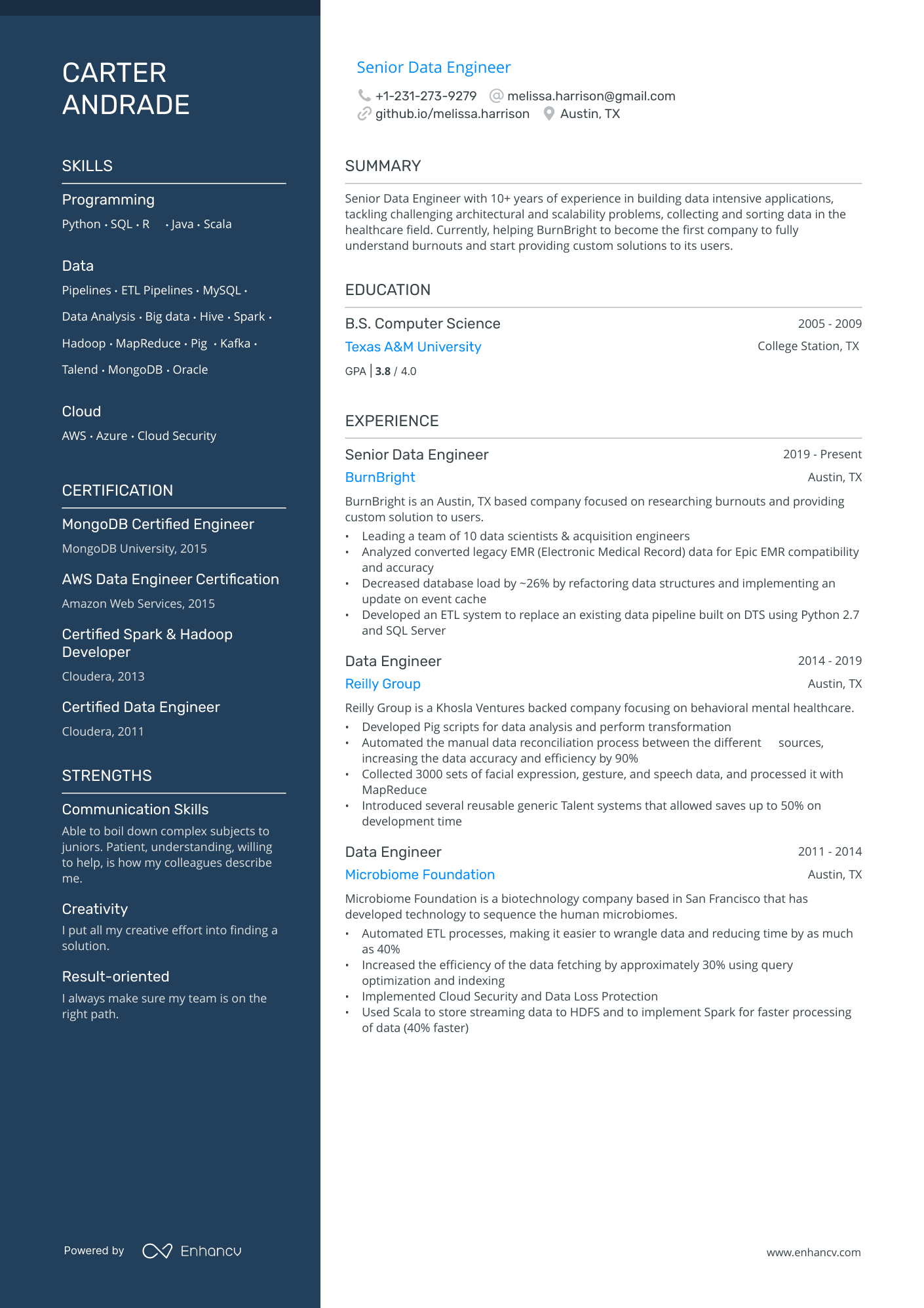 Data Engineer resume example