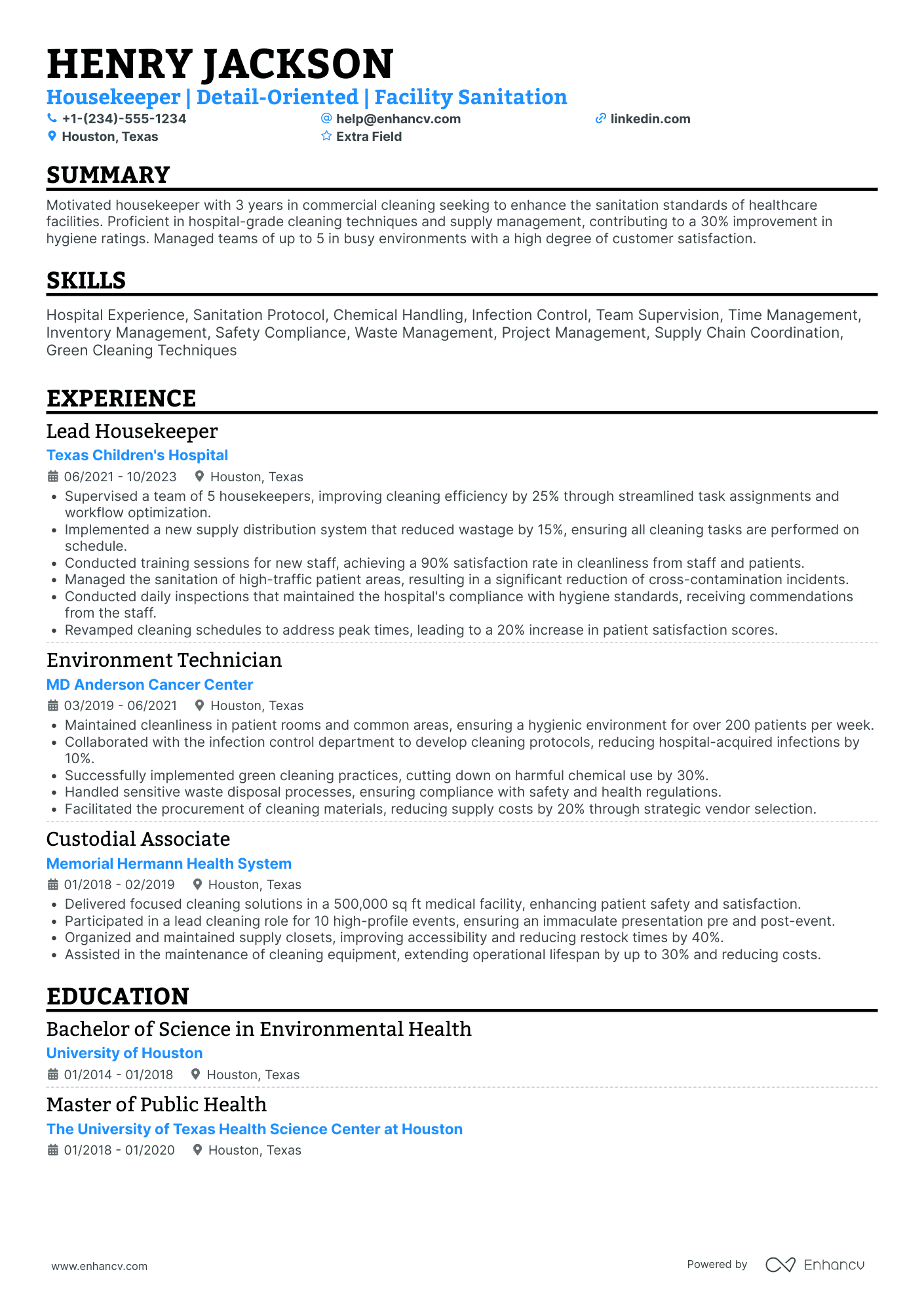 A resume example of a Hospital Housekeeper