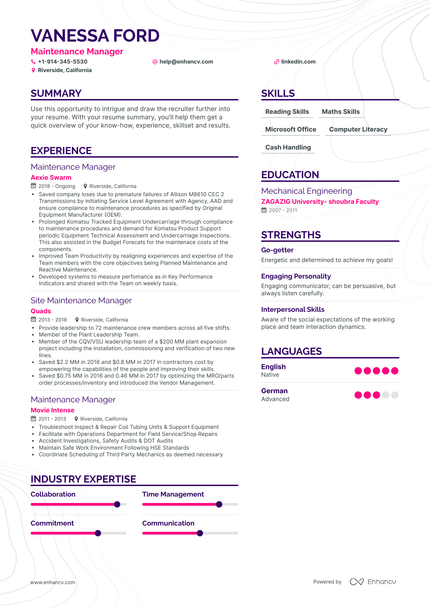 Maintenance Manager Resume Examples & Guide for 2023 (Layout, Skills ...