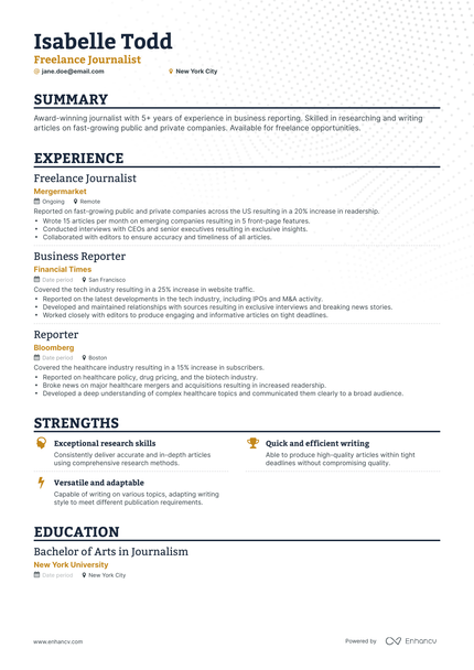 5 Freelance Journalist Resume Examples & Guide for 2023