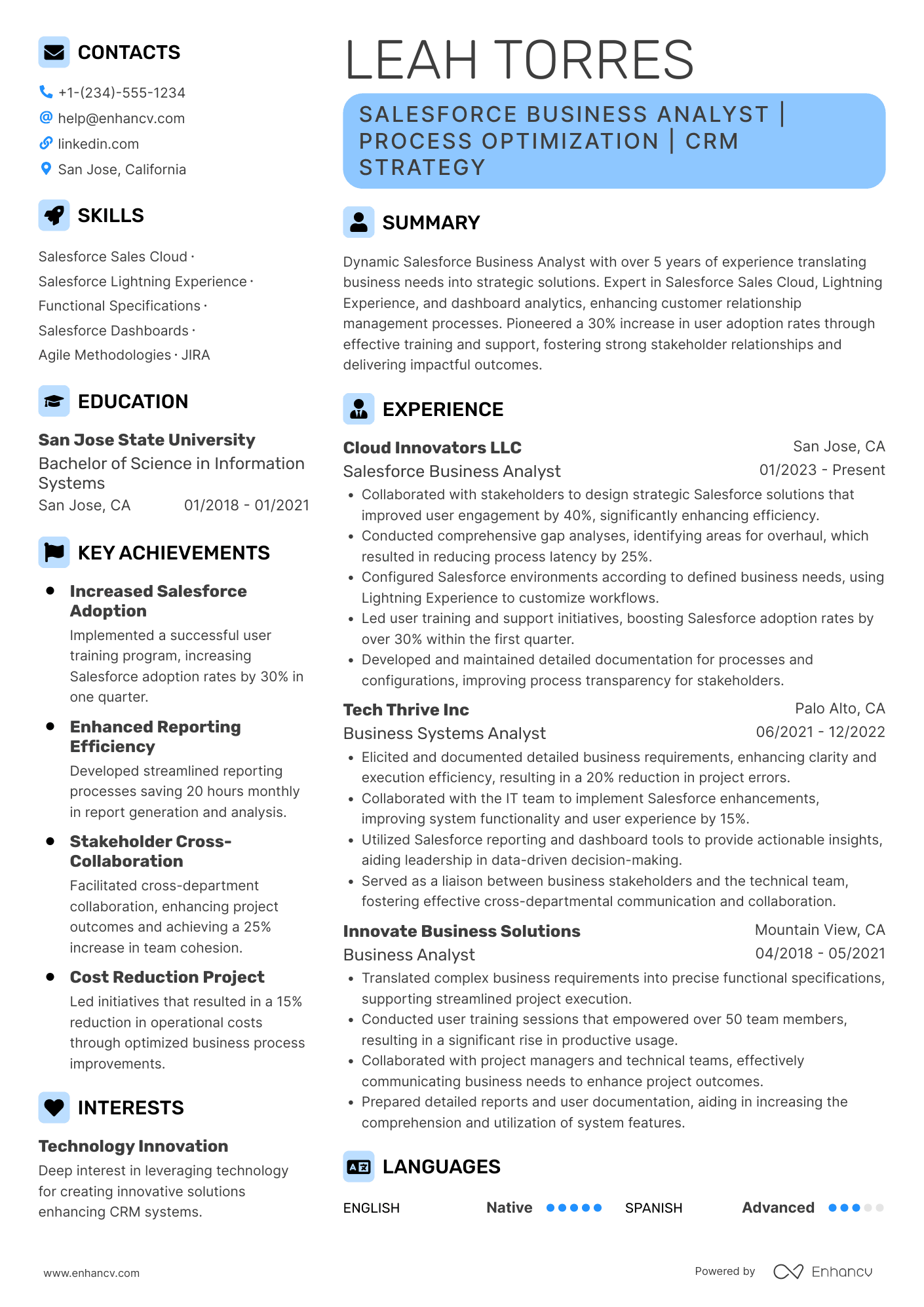 A resume example of a Salesforce Business Analyst