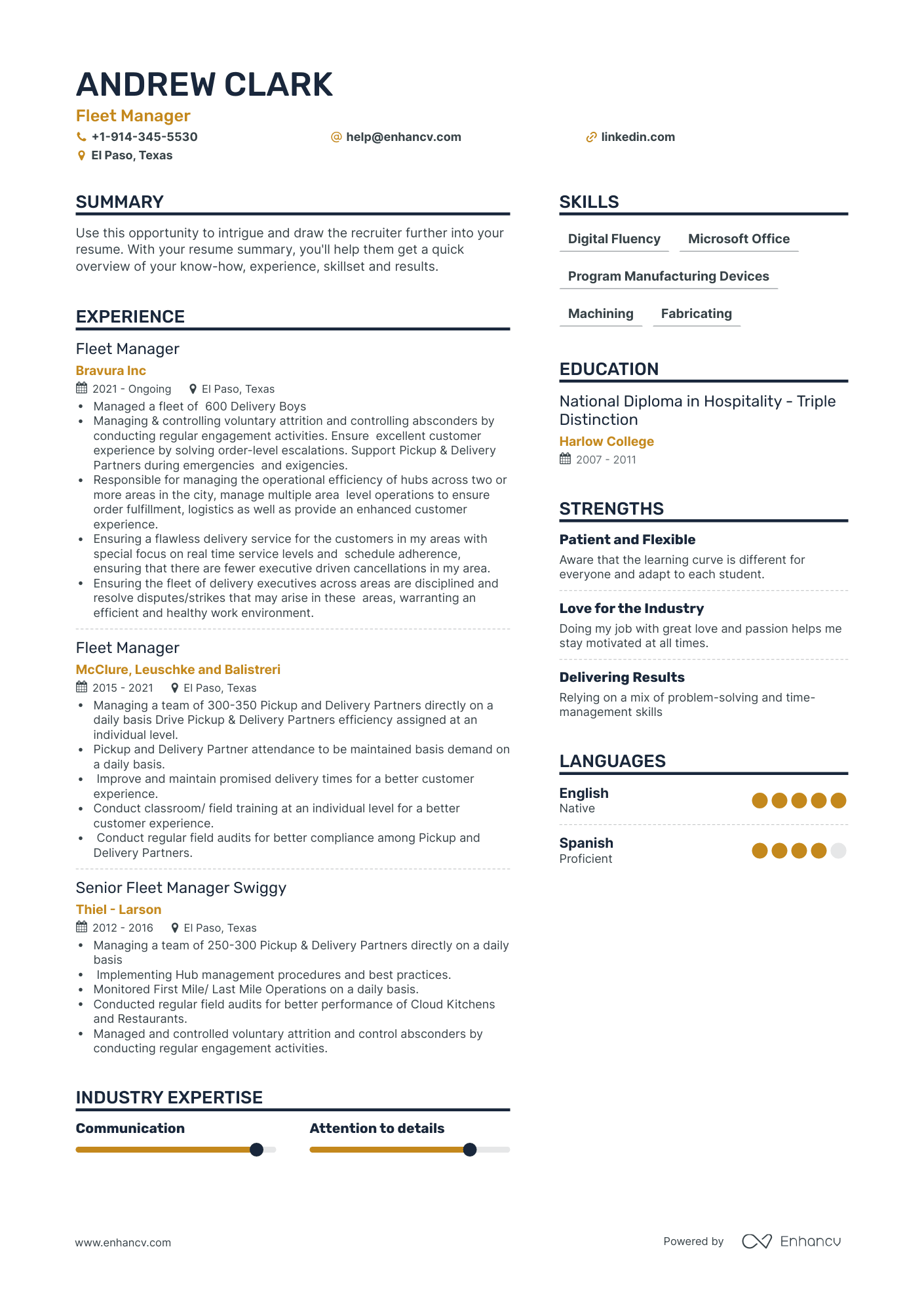 Fleet Manager Resume Examples & Guide For 2023 (layout, Skills 