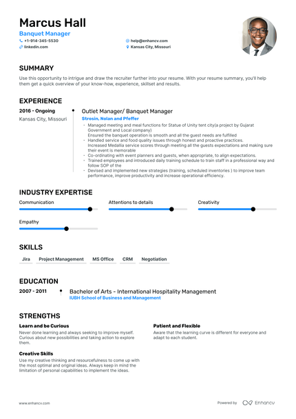 Banquet Manager Resume Examples & Guide For 2023 (layout, Skills 