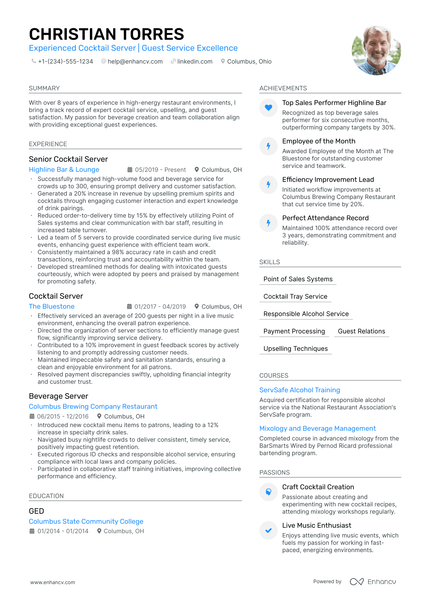 5 Cocktail Server Resume Examples & Guide for 2024