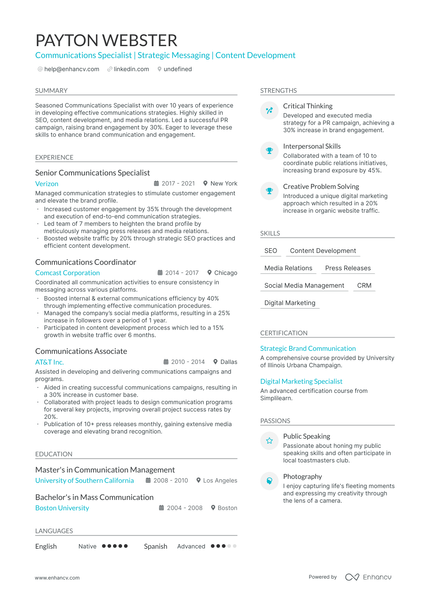 5 Communications Specialist Resume Examples & Guide for 2024