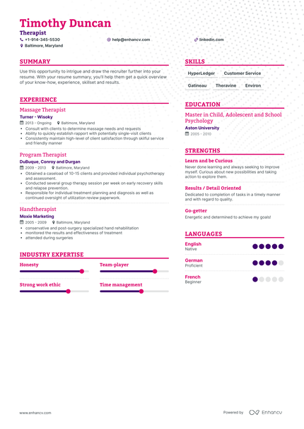 Top Therapist Resume Examples & Samples for 2023 | Enhancv.com (Layout ...