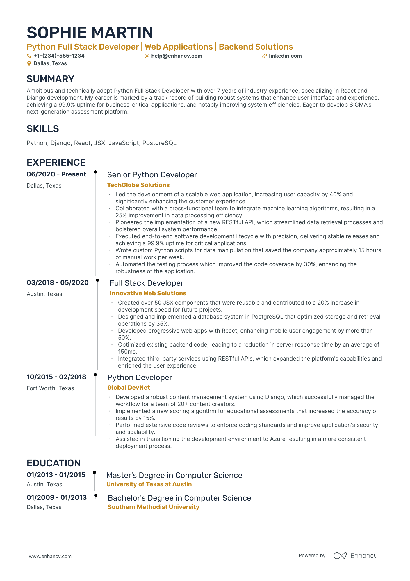 10 Python Full Stack Developer Resume Examples & Guide for 2025