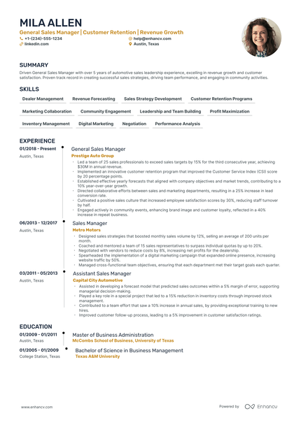 5 Automotive General Sales Manager Resume Examples & Guide for 2024