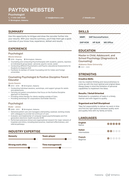 Top Psychologist Resume Examples & Samples for 2023 | Enhancv.com ...