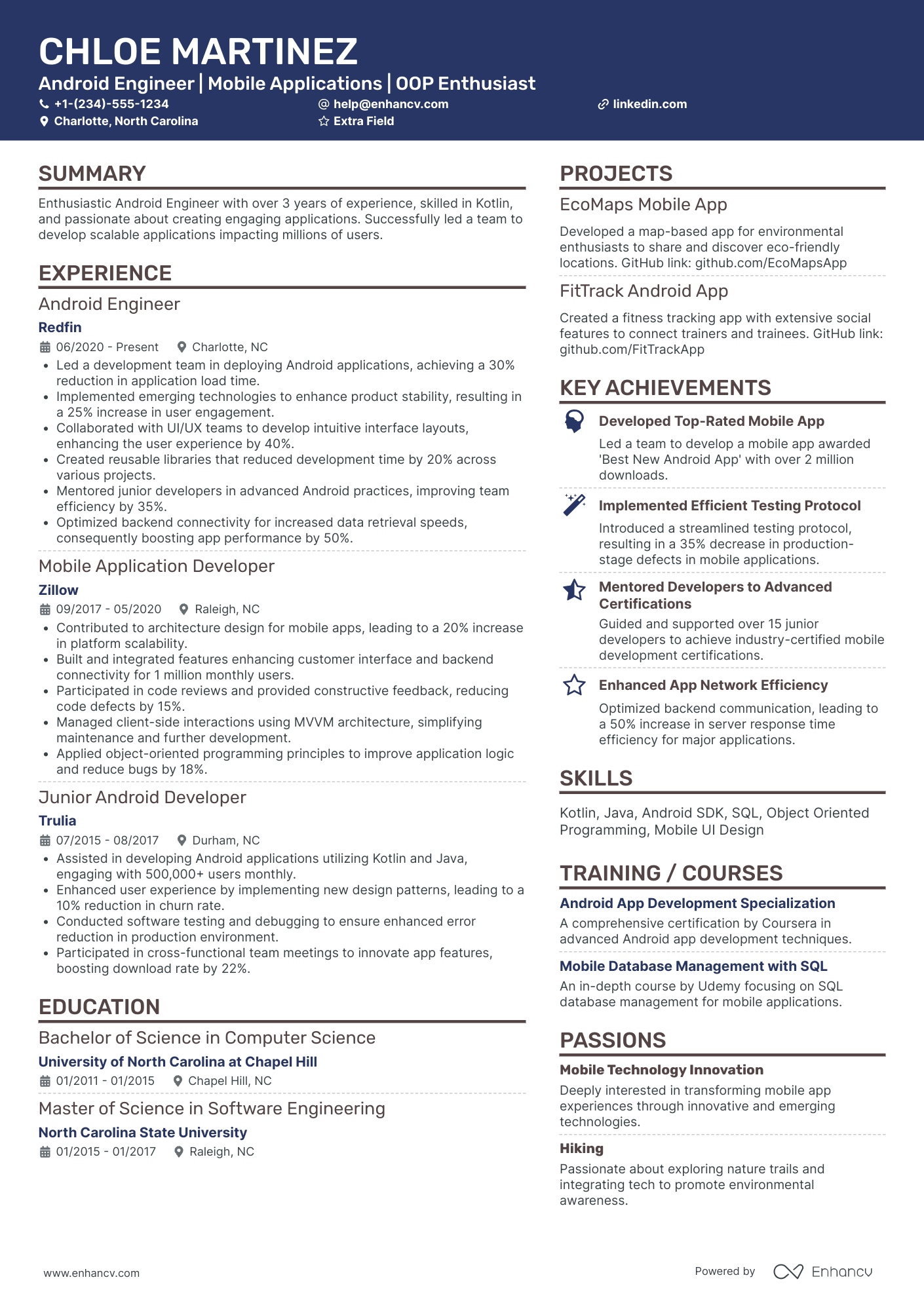 A resume example of a Android Framework Developer