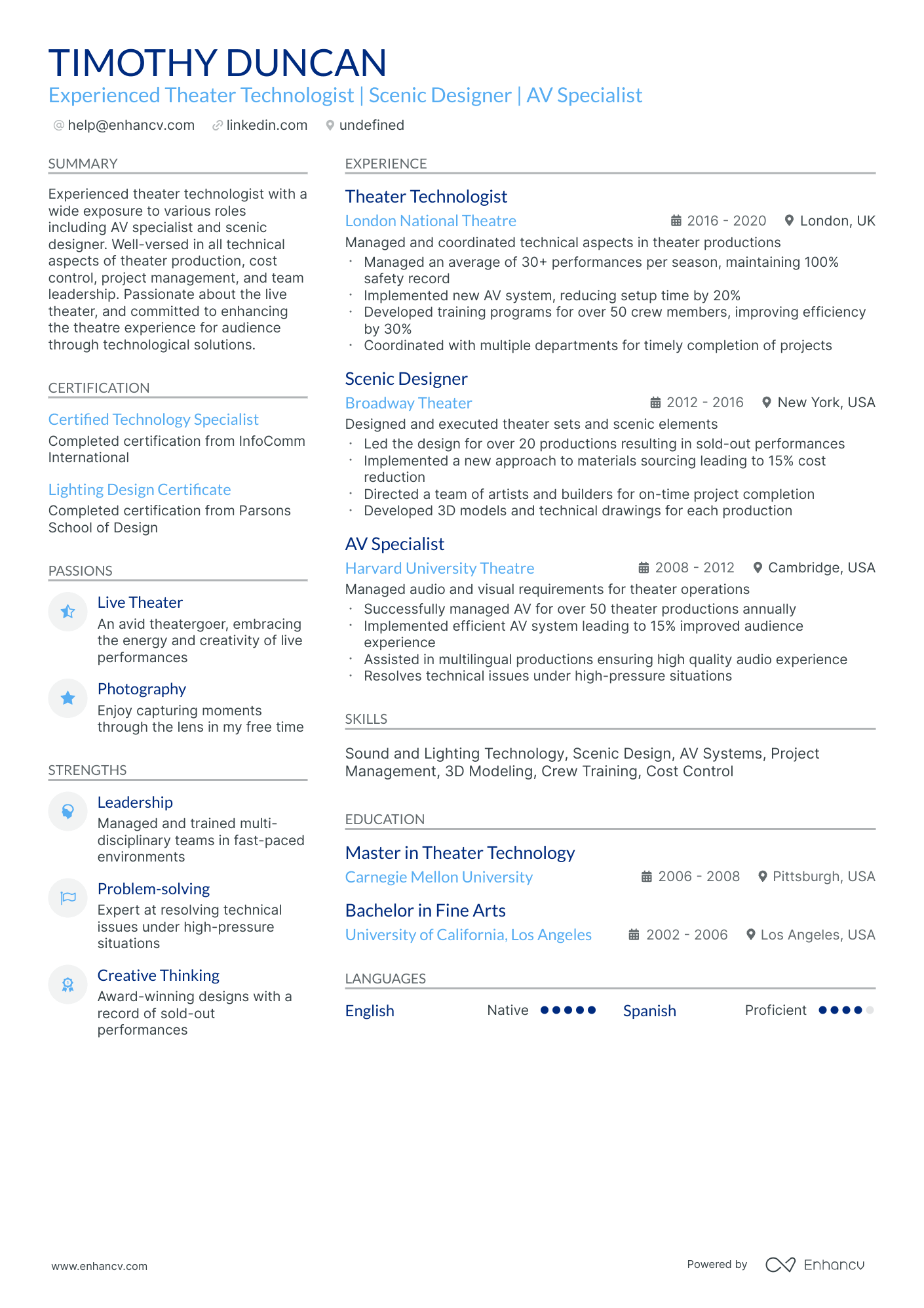 10 Technical Theatre Resume Examples & Guide for 2026