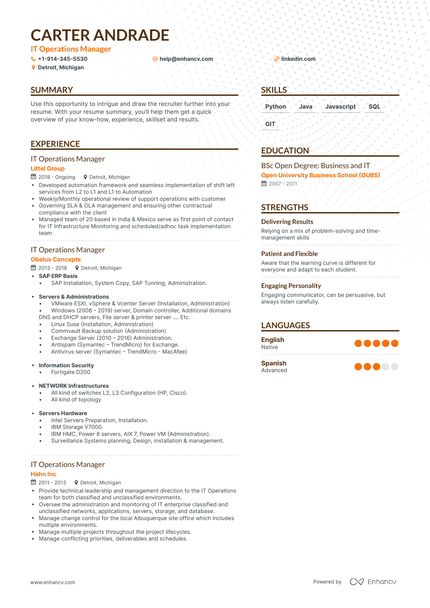 IT Operations Manager Resume Examples & Guide for 2023 (Layout, Skills ...